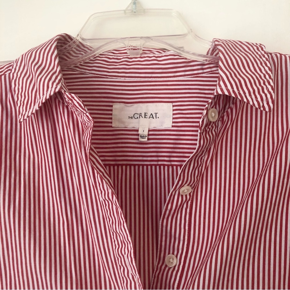 The Great. Relaxed red and white striped shirt dress.